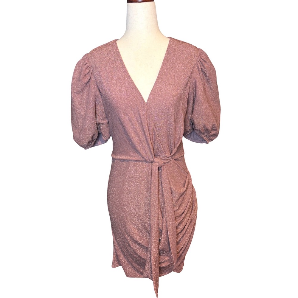 Saylor Rose Pink Metallic Glitter‎ Puff Sleeve Faux Mini Dress Womens Medium